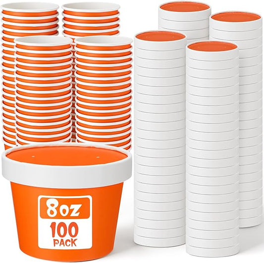 Fulmoon 100 Pack Paper Soup Containers with Lids Disposable Paper Food Containers with Vented Lid Kraft Ice Cream Cake Dessert Cups Soup Bowl for Party Hot Food Fruit Microwave(8 oz,Orange)