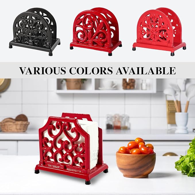 JOGREFUL Cast Iron Napkin Holder, Kitchen Organizer Dense Scrollwork Red | - Image 2