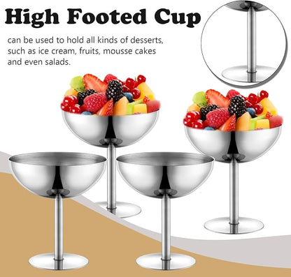 Ice Cream Bowls Stainless Steel Dessert Cups with Spoons Reusable Footed Sundae Cups Ice Cream Cups for Dessert, Frozen Yogurt, Gelato, Birthday Party Decorations (4, Silve)