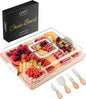 Charcuterie Board with Lid and Handle - Portable Travel Design Bamboo Cheese Board Set with 4 Cheese Tools, Gift for Housewarming, Weddings, Picnics(6 Compartments, White)