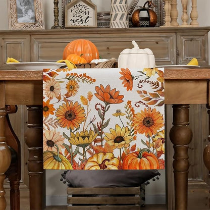 Fall Pumpkins and Sunflowers Table Runner 13x108 Inch, Maple Leaves Farmhouse - Image 3
