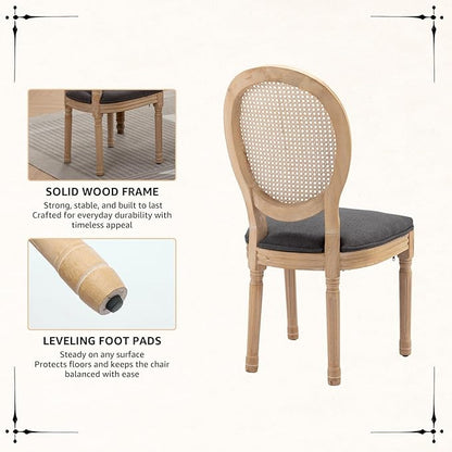 Vintage French Rattan Dining Chairs Set of 6, Solid Wood Frame with Round Rattan Back and Linen Upholstered Seat, Farmhouse Accent Sillas de Comedor Side Chairs for Dining Room & Kitchen, Gray