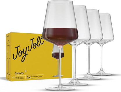 JoyJolt Sidney Burgundy Wine Glasses Set of 4 | 22.5 oz Stemmed Large Red Wine Glasses | Modern Home Bar Glass Set (Clear) | Premium Crystal Stemware Made in Europe
