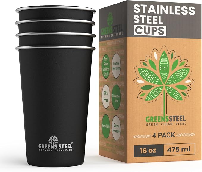 Stainless Steel Cups - 16 oz Pint Tumbler - Premium Metal Drinking Glasses | by GreensSteel