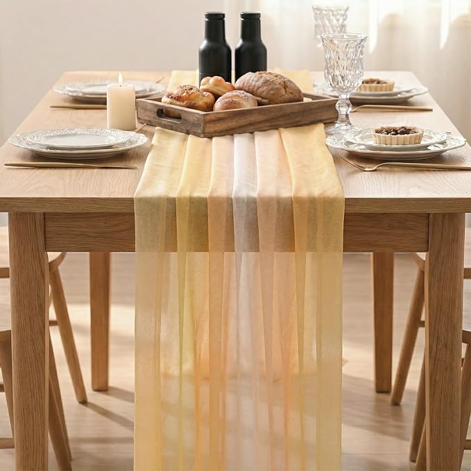 Artoid Mode Boho Yellow Stripes Spring Chiffon Table Runner 120 Inches 10FT - Image 2