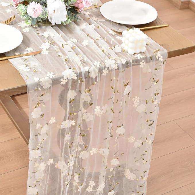 Wildflower Floral Sheer Tulle Gauze Table Runner Wedding Baby Shower Decor | - Image 4