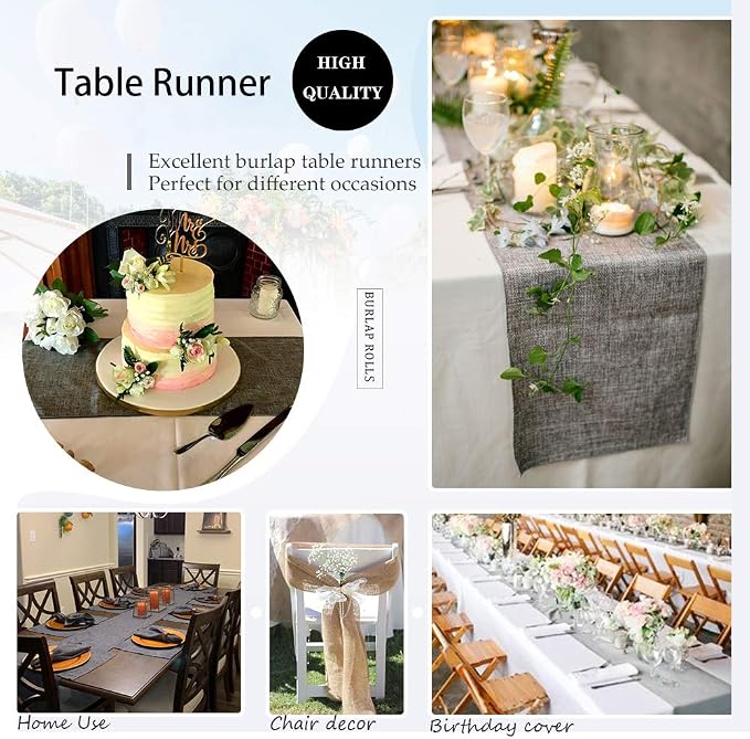 B-COOL Burlap Table Runner Gray Wedding Table Runners Roll Jute Fabric - Image 7