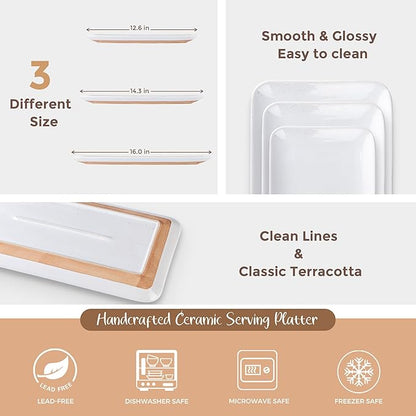 AmorArc Ceramic Serving Platter,Rectangular 16"/14.3"/12.6" inch Serving Dishes for Party Entertaining,Stoneware Serving Trays for Turkey,Salad,Microwave&Dishwasher Safe-Set of 3-White