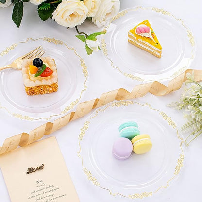 DaYammi 60PCS Clear Plastic Plates Heavy Duty Clear Disposable Plates 7.5” Fancy Gold Dessert Platos Small Cake Plates Appetizer Platos Hard Round Plastic Disposable for Wedding and Party