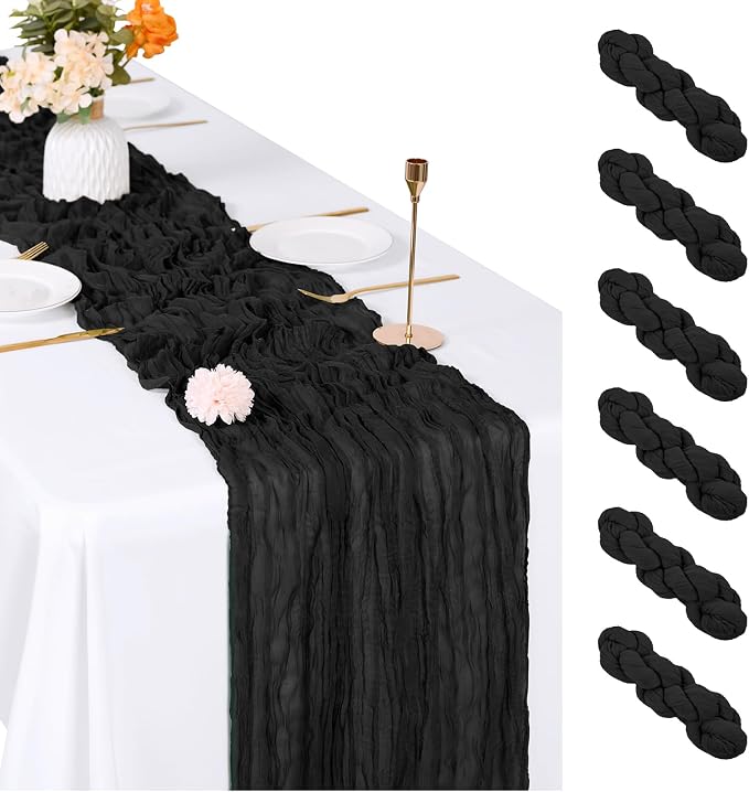 6 Pack Black Cheesecloth Table Runner, 17 x 108 inch, Semi Sheer Boho Cheese by ACSUIT