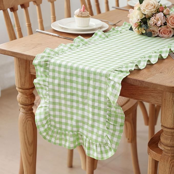 HunnmingRe 1 Pc Gingham Table Runner Light Green, 72 X 13.8 Inch | Cotton by HunnmingRe
