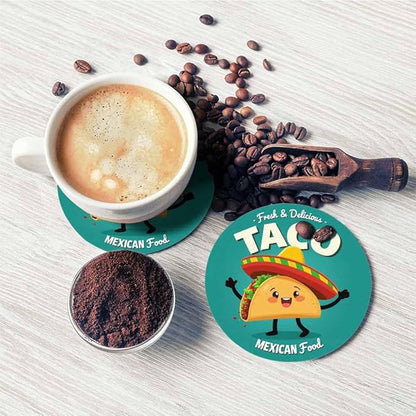 Taco Coasters for Coffee Table Cute Cartoon Mexican Food Funny Happy Hat Lovely Smile Beef Tomato Chicken Housewarming Presents for Women Men Home Decor Office Kitchen Living Room 2 Pcs