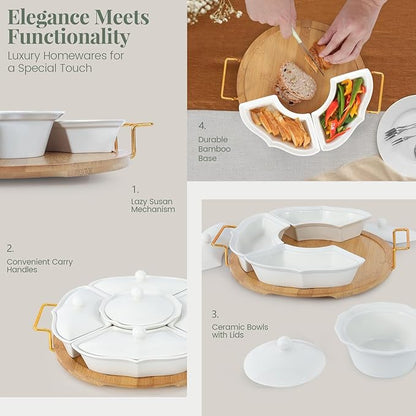 Party Serving Trays and Platters, Ceramic Lazy Susan Serving Tray with Divided Sections Appetizer Rotating Serving Tray for Fruits, Veggies, Chips and Dip Serving Set