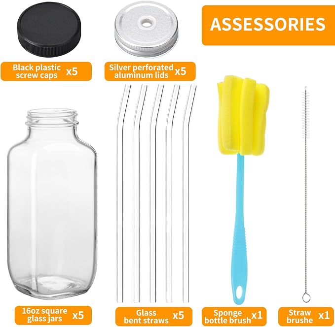 CUCUMI 5pcs 16oz Glass Juice Bottles - Image 3