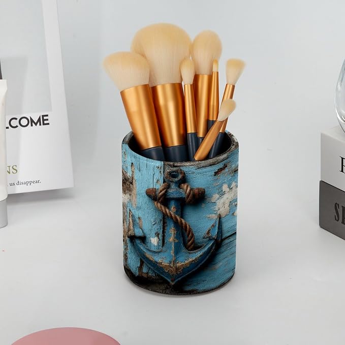 Leather Pen Holder for Desk, Retro Anchor Pencil Cup Pen Organizer Makeup Brush - Image 6
