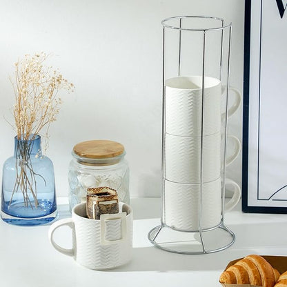 HASENSE Coffee Mugs 12 OZ Ceramic Cups Set of 4, Stackable Embossed Coffee Cups with Rack, Porcelain Coffee Cups for Latte, Cappuccino, Mocha, Cocoa, Americano, Hot Tea and Milk, White