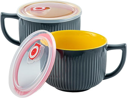 Ceramic Soup Bowl with Handle&Lid, Jumbo 38oz Microwave Ramen Bowl Set of 2 | by Hoilse