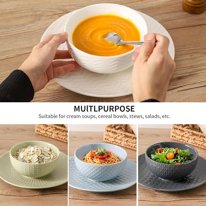 HASENSE Ceramic Cereal Bowls Set of 4, 26 OZ Soup Bowls, Embossed Stoneware - Image 3