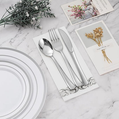 BESTVIP 350 PCS Silver Dinnerware Set for 50 Guests, Plastic Dinnerware Set for Party, Wedding, Christmas, Halloween, Include: 100 Plastic Plates, 50 Silver Silverware, 50 Cups, 50 Paper Napkins