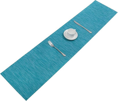 SHACOS Woven Vinyl Table Runner Indoor Outdoor 12x54 inch Kitchen Dining Table Runners Wipe Clean Washable PVC Table Runner, Teal Blue