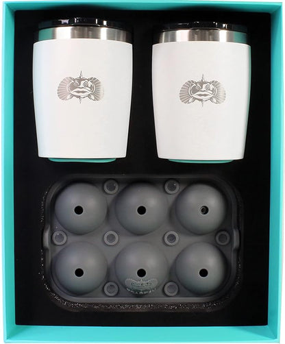 Toadfish Non-tipping 10oz Double Wall Insulated Stainless Steel Rocks Tumbler 2-Pack Gift Set w/Ice Ball Tray & Easy Slide Lid - White