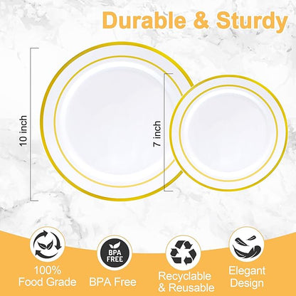 200 PCS Gold Plastic Plates Disposable, White and Gold Plastic Plates Include 100 Dinner Plate and 100 Dessert Plate Perfect for Holiday, Party & Wedding