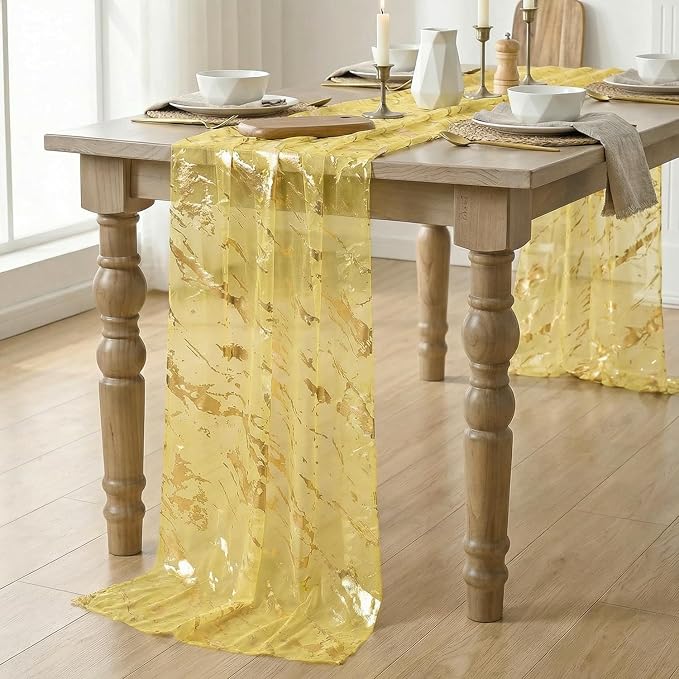 Artoid Mode Marble Pattern Yellow Gauze Table Runner 10FT, Glitter Metallic - Image 3