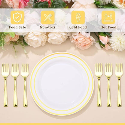 Eccliy 400 Pieces Plastic Cake Plates with Dessert Forks, 7.5 Inch Disposable Plastic Plates Appetizer Plates Salad Plates Party Plates Heavy Duty for Wedding Reception Parties Holidays (Gold)
