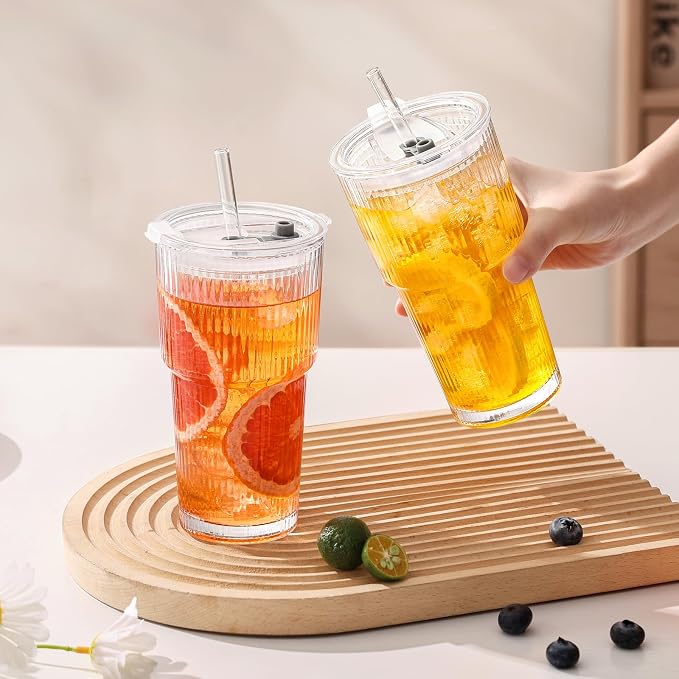 20oz Iced Coffee Cups with Lids, Ribbed Glass Cups with Lids and Straws | Thick - Image 9