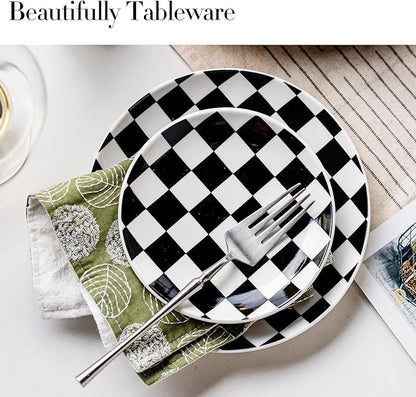 Black and White Checkered Small Dessert Plates Set of 6-6 Inch Ceramic Plates, Microwave & Dishwasher Safe, Minimalist Decorative Platters for Desserts