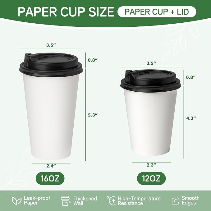 16 oz Coffee Cups with Lids 100 Pack, Party Supplies, To-Go Paper Cups - Image 2
