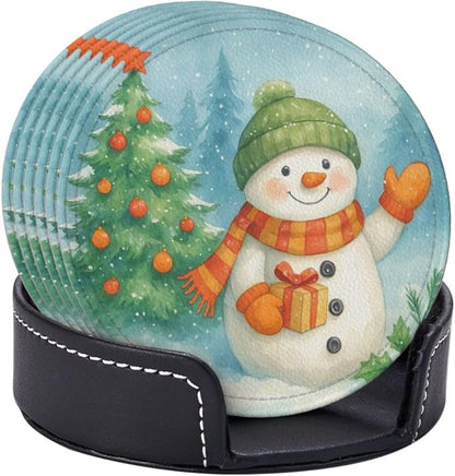 Winter Blue Green Snowman Christmas Tree Snow Coasters - Image 2
