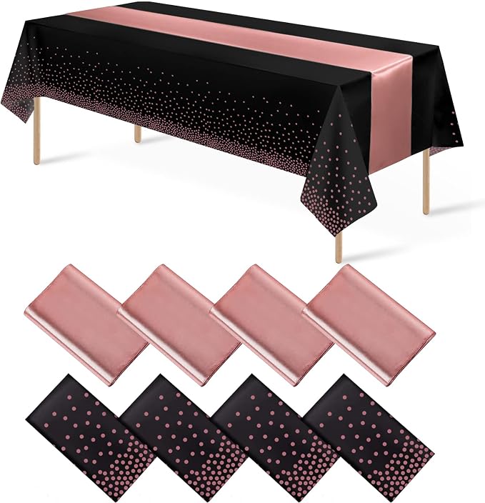 8Pack Disposable Plastic Tablecloths and Satin Table Runner Set Black and Rose by MASHAN