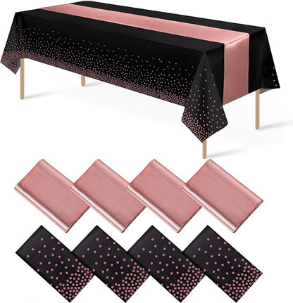 8Pack Disposable Plastic Tablecloths and Satin Table Runner Set Black and Rose by MASHAN
