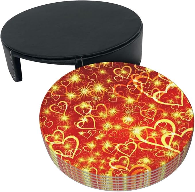 Drink Coasters with Holder Stand Set of 6, Love Heart Yellow Red Pu Leather - Image 9