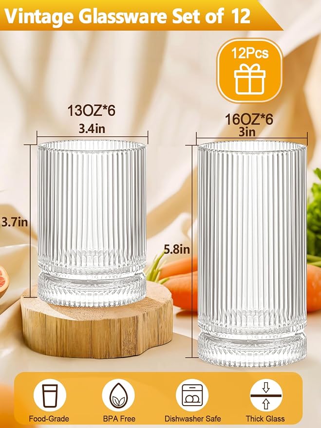 Ribbed Glassware Vintage Drinking Glasses 12Pcs - Image 4