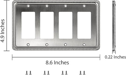 Henne Bery Rope Edge Decorative Wall Plate Switch Plate Outlet Cover (Quad Decorator, Heirloom Silver)
