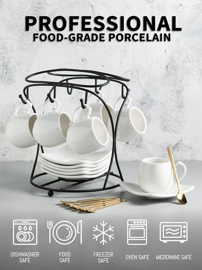 LYEOBOH Espresso Cups with Saucers Set, Porcelain Coffee Cups and Metal Stand - Image 2