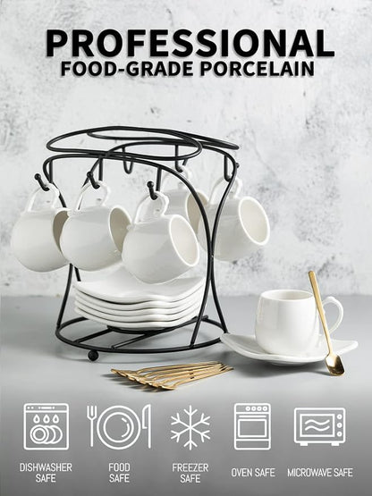 LYEOBOH Espresso Cups with Saucers Set, Porcelain Coffee Cups and Metal Stand - Image 2