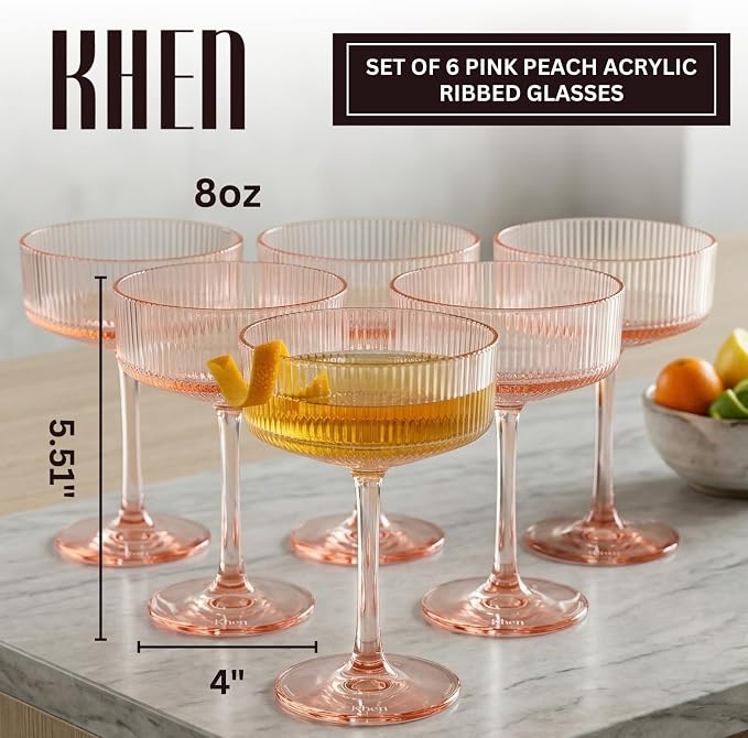Khen Pink Peach Acrylic Ribbed Coupe Martini Champagne Cocktail Glasses - Image 2