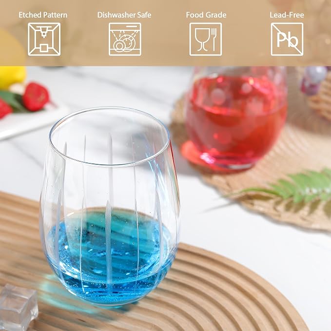 Joeyan Hand Blown Etched Stemless Wine Glasses - Image 6
