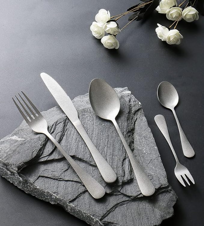 Matte Silverware Set for 10 Stainless Steel Flatware Set Vintage Style Delicate Cutlery Utensils 50 Piece Include Knives Forks and Spoons Tableware Set for Home Kitchen Wedding Restaurant