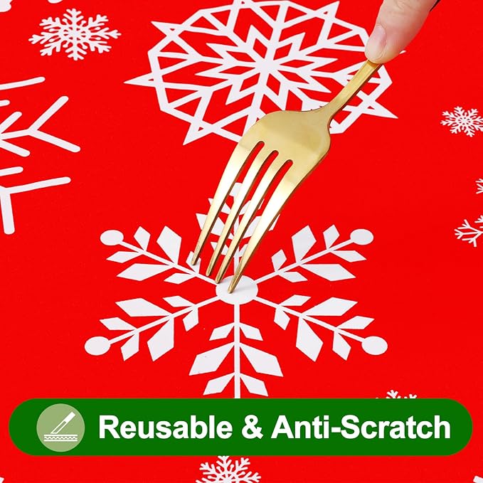 Smiry Plastic Christmas Tablecloth, Snowflake Waterproof Elastic Fitted Table Covers, Wipeable Flannel Backed Vinyl Tablecloths for Christmas Dinner, and New Year Celebration (Red, 30x72 Inches)