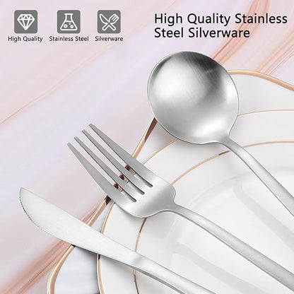Matte Silverware Set, VANVRO 60-Piece Stainless Steel Flatware Set, Satin - Image 4
