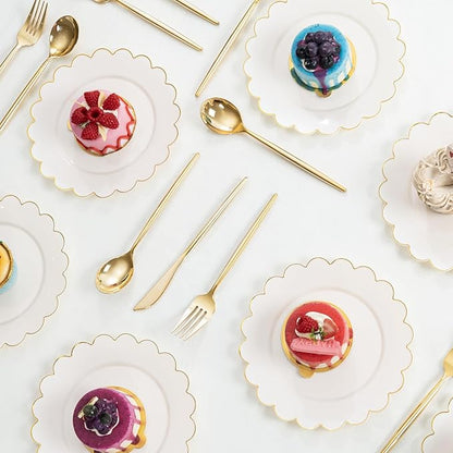 LIYH 100 Pcs Ivory Dessert Plates with Gold Rim- Ivory Plastic Plates 7.5" Disposable Scalloped Fancy Gold Plastic Plate,Baby Shower Cake Plate Party Suitable for Valentine's Day or Mother's Day