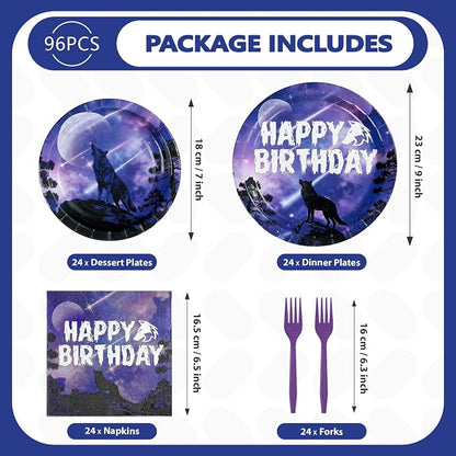 96 Pcs Wolf Birthday Party Galaxy Wolf Decorations, Serves 24 | Black Purple - Image 5