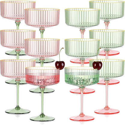XUWAIDSGN 12 Pcs Champagne Martini Glasses 9 Oz with Gilded Removable Gold Rim Coupe Glasses Pink Martini Glasses Plastic Mimosa Vintage Coupe Glasses Set For Wedding Anniversary (12, Pink & Green)