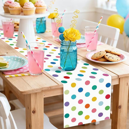 Colorful Polka Dot Table Runner, 13x48 Inch Rainbow Dot Dining Table Decor | - Image 3