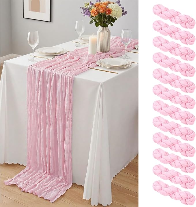 12 Pack Light Pink Cheesecloth Table Runner 10Ft, Gauze Table Runners 21.5 x by Yemosa