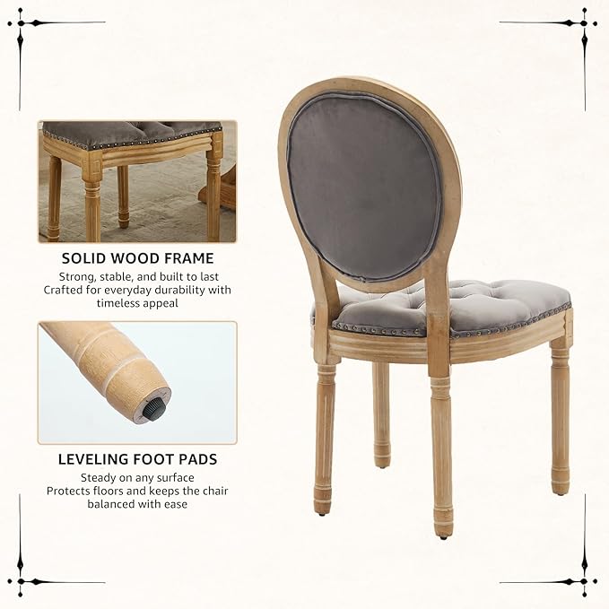 Vintage French Dining Chairs Set of 6, Round Back Velvet Upholstered Accent Chairs with Nailhead Trim and Solid Wood Frame, Elegant Sillas de Comedor for Dining Room & Kitchen, Gray